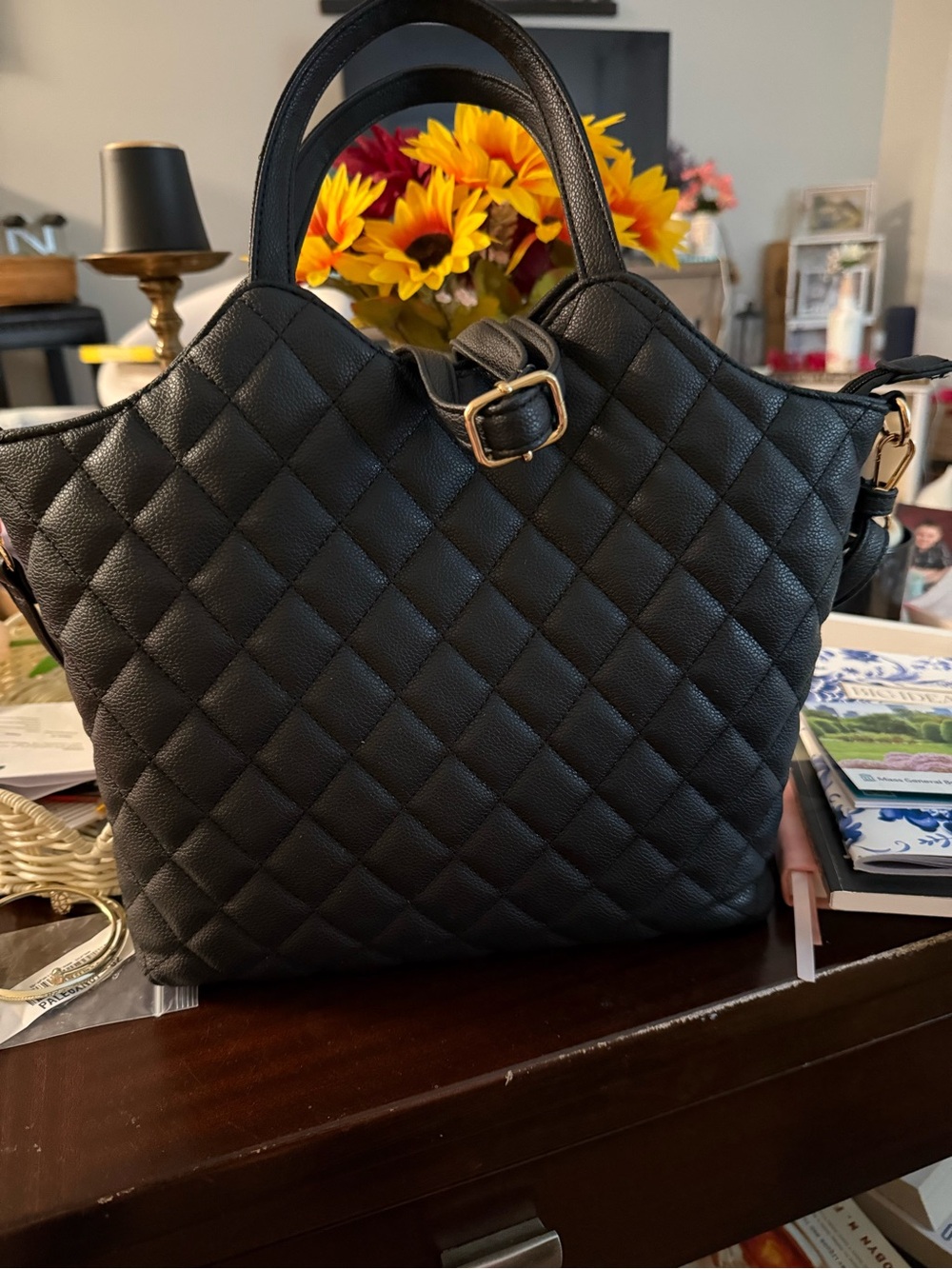 Quilted Black Leather Tote with Detachable Strap - Picture 3 of 7